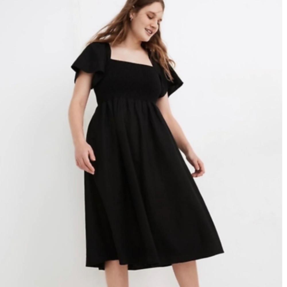 Madewell Smocked Lucie Dress in Black linen blend